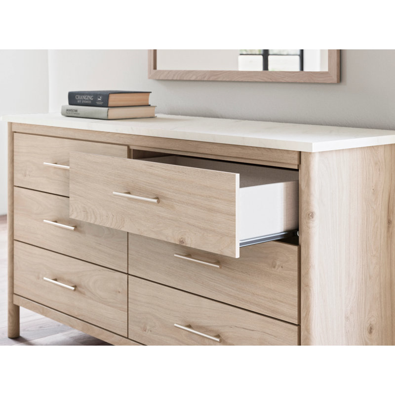 Ensemble de miroir commode 2 pièces Mooran, 6 tiroirs, brun clair, faux marbre blanc, Blanc / brun clair