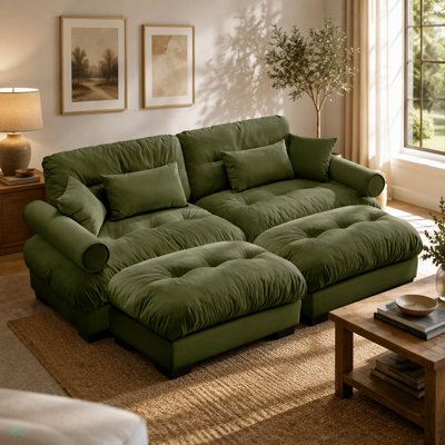 Canapé deux places surdimensionné moderne avec repose-pieds, accoudoirs en velours 2 places avec traversin, avec coussin de taille et coussins décoratifs, vert olive