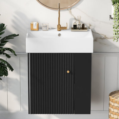 21.6" Floating Bathroom Vanity Sink Combo, Modern Wall Mounted Bathroom Storage Cabinet Set w/White Ceramic Basin Sink Top & Open Shelf for Small Space