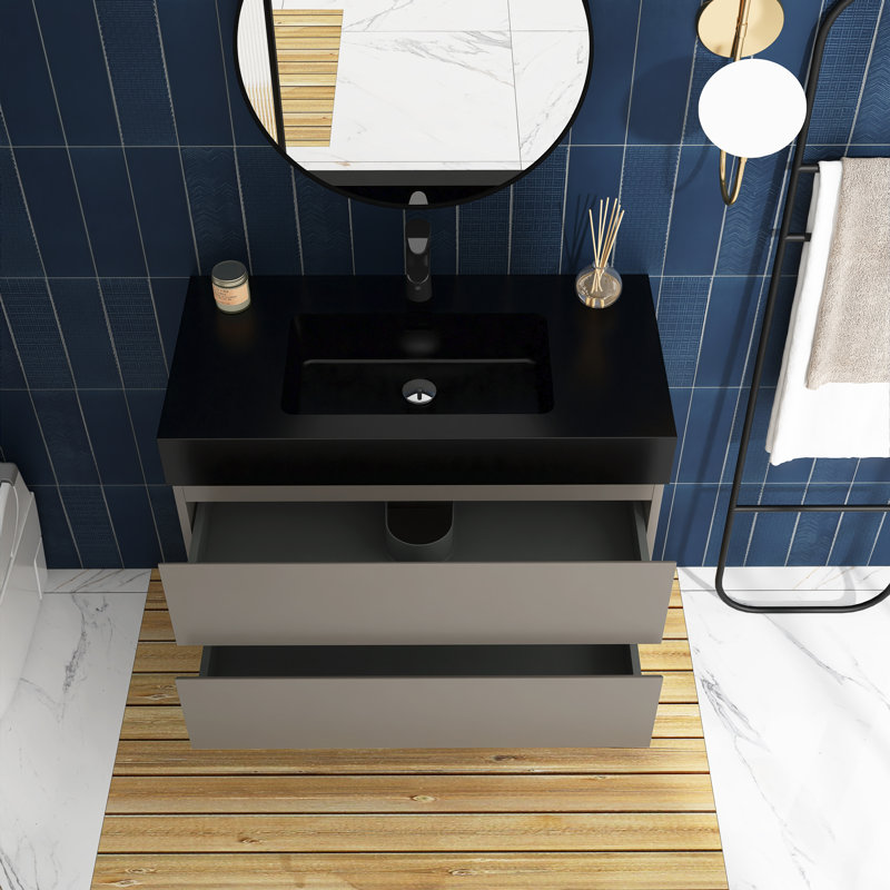 36'' Single Bathroom Vanity with Solid Surface Top, Black, Gray