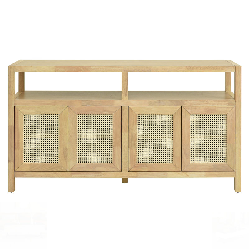 Bohemian Style Rattan Buffet Storage Cabinet With Solid Wood Frame, Sideboard With 3-Position Adjustable Shelves For Living & Dining Rooms, No-Handle Push-To-Open Design