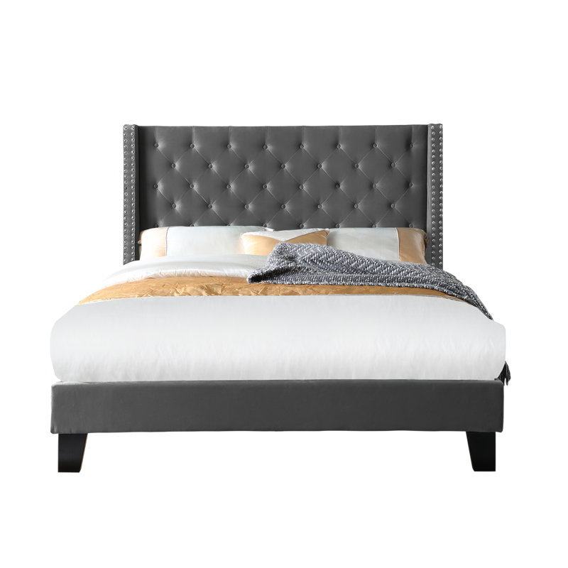 Lit plateforme tapissier Daisy-Rose, Gris, Double