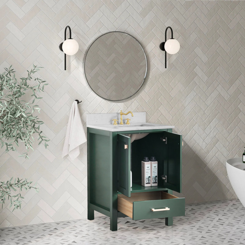 Meuble-lavabo moderne avec lavabo et rangement, Vert / or brossé, 24'