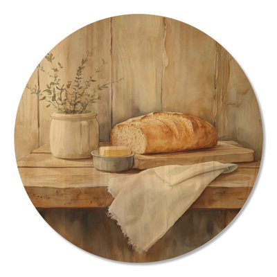Farmhouse Table with Fresh Baked Bread - Country Round Wooden Wall Art