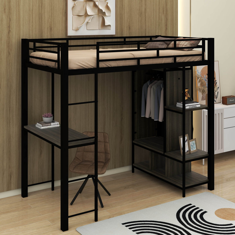 Lit mezzanine simple en métal avec garde-robe, bureau et tablettes