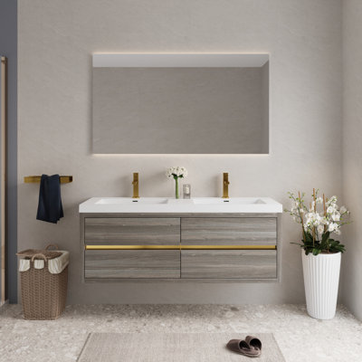 Meuble-lavabo mural 60 po avec lavabo double, meuble de rangement flottant pour salle de bain avec comptoir en résine de pierre et tiroirs à fermeture en douceur, gris cendré 24V15-60DAG