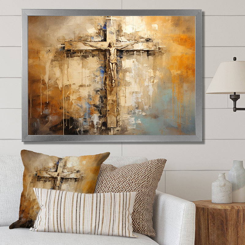 Croix de minimalisme religieuse dorée I, H 34 po x l 44 po x P 1,5 po, Cadre simple argenté