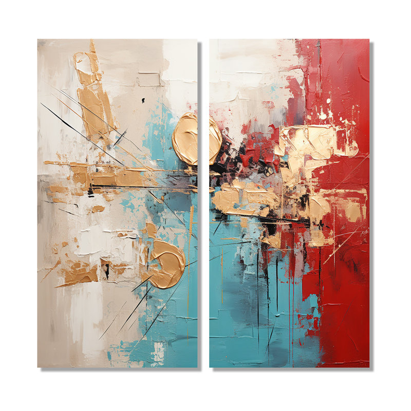Collage majestueux doré et rouge - Collages abstraits sur toile, 2 panneaux, 32" H x 32" W, Wrapped Canvas, Does Not Apply