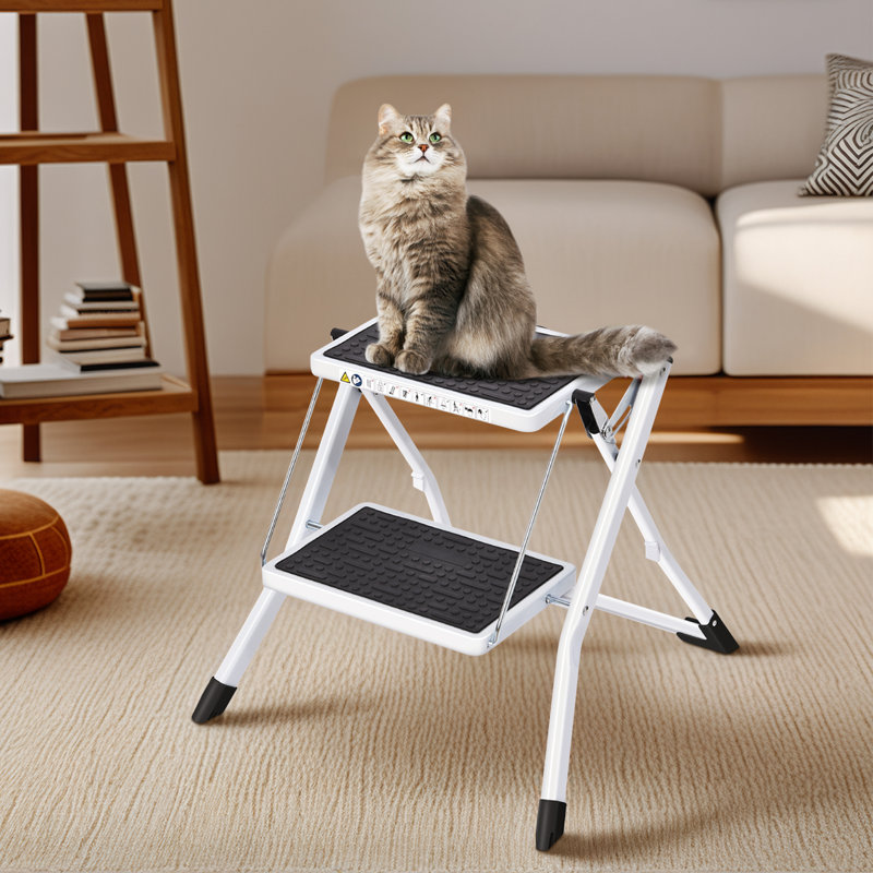 Step Ladder 2-Step 150kg Capacity, Folding Steel Ladder with Wide Anti-Slip Pedal, Sturdy Step Stool for Adults Toddlers