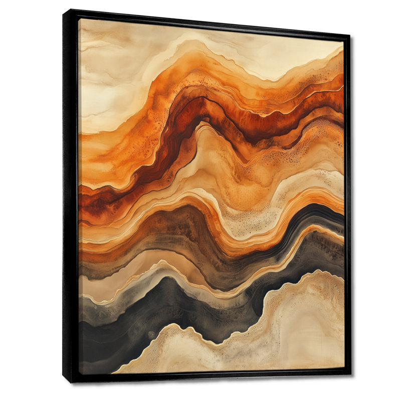 «Warm Earth Flow Abstract Ink I», reproduction sur toile fluide orange, H 32 po x l 16 po, Cadre flottant noir