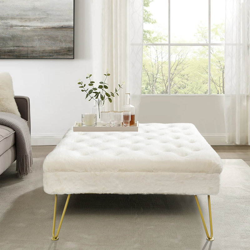 Heer Upholstered Ottoman, Egret Faux Fur
