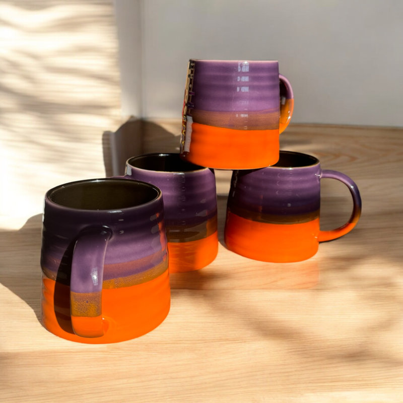 Double Decker Chocolate Purple and Orange Reactive Glaze Anyria Ceramic Coffee Mug Set of 4