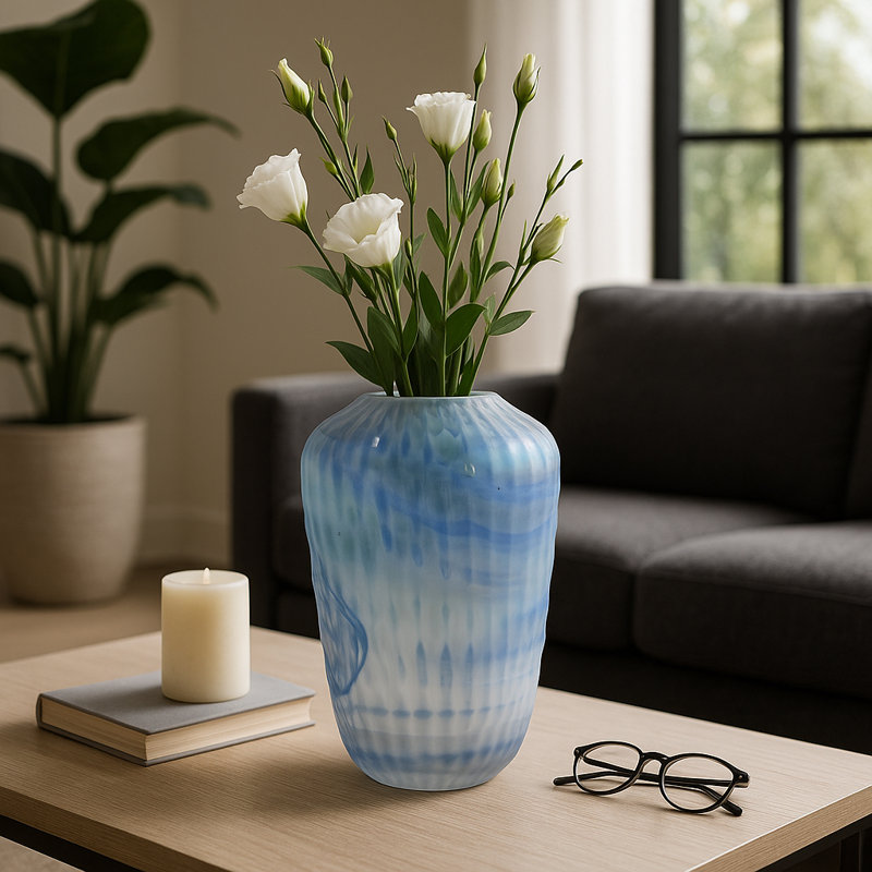 Ribbed Glass Vase With Abstract Pattern For Flower Arrangements - Modern Tall Vases Ideal For Tabletop Or Home Decor Display - Blue