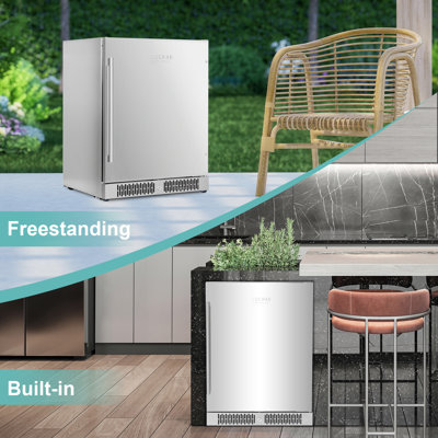 24 Inch Beverage Refrigerator, Outdoor Fridge With Stainless Steel Door Holds 26 Bottles & 164 Cans, Freestanding Or Built-in, Mini Wine Cellar With 3-Color LED Light