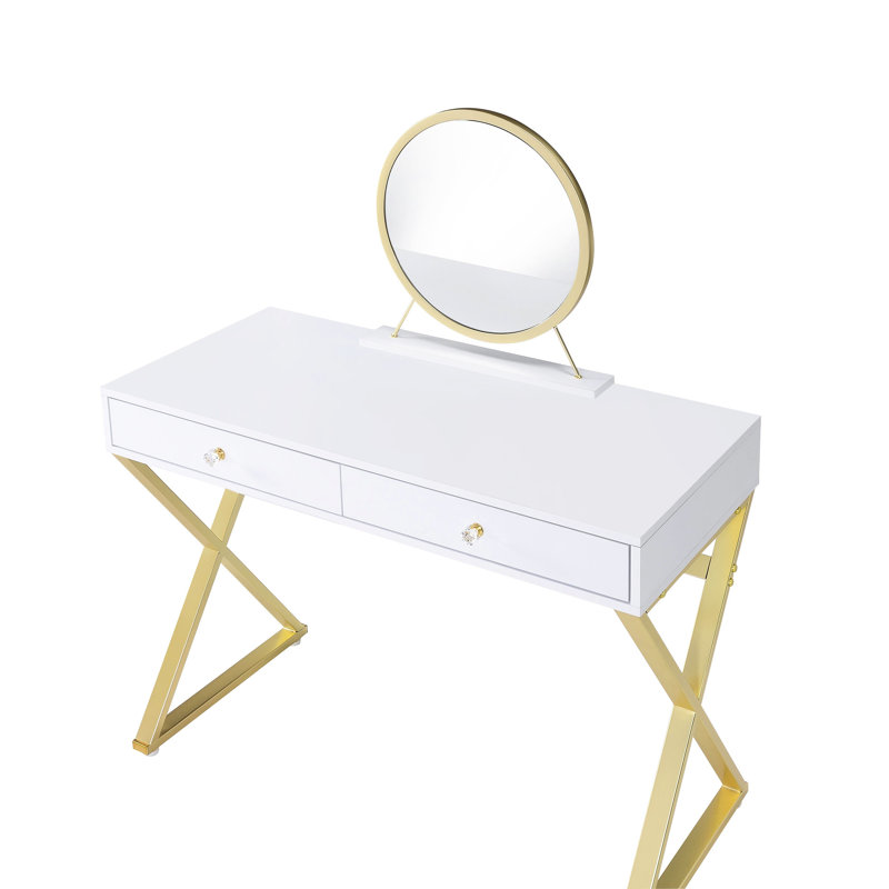 Meuble-lavabo blanc et doré d'apparence rectangulaire, poignée en cristal, structure en métal, plateau à bijoux avec miroir inclus, 2 tiroirs de rangement avec bureau coulissant au centre