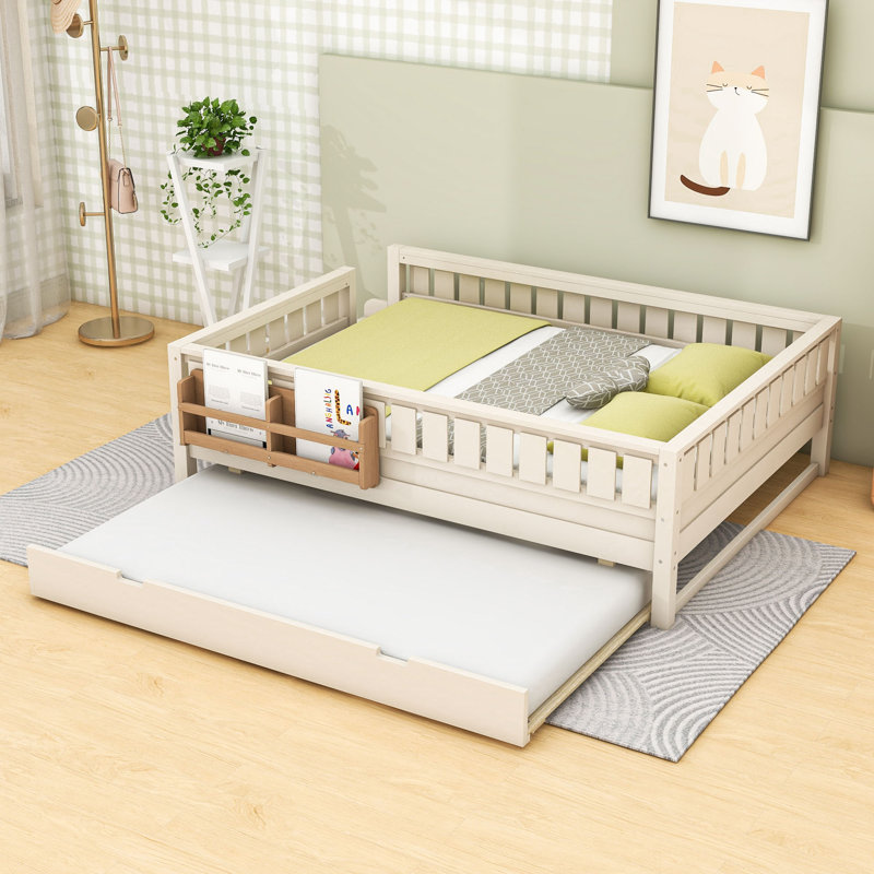 Lit plateforme en bois avec lit gigogne et petit escalier, Queen, Beige