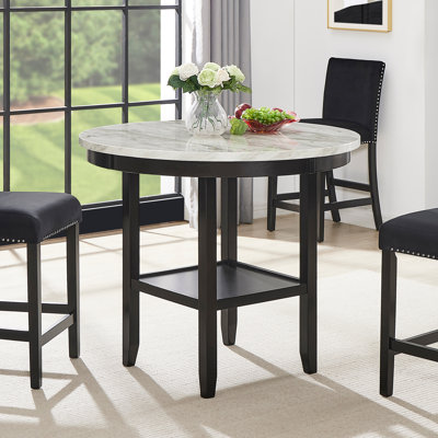 Winston Porter Triss Round Counter Height Wood Dining Table with Shelf, 42” Faux Marble Top