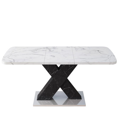 Modern Rectangle Dining Table, Stretchable, Marble Table Top+MDF X-Shape Table Leg With Metal Base