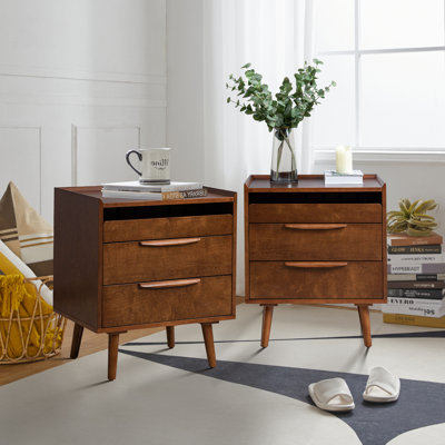 Sebrina Mid-century Modern 24''W 3-Drawer End Table with Charging Station and Solid Wood Legs