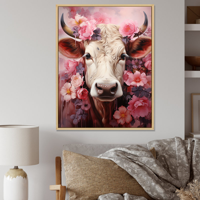 Romantisme, portrait de vache rose sur toile, Cadre naturel flottant, H 32 po x l 16 po x P 1 po