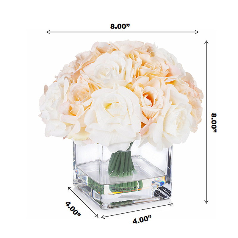 Cream Beige Silk Rose Arrangement in Clear Glass Vase