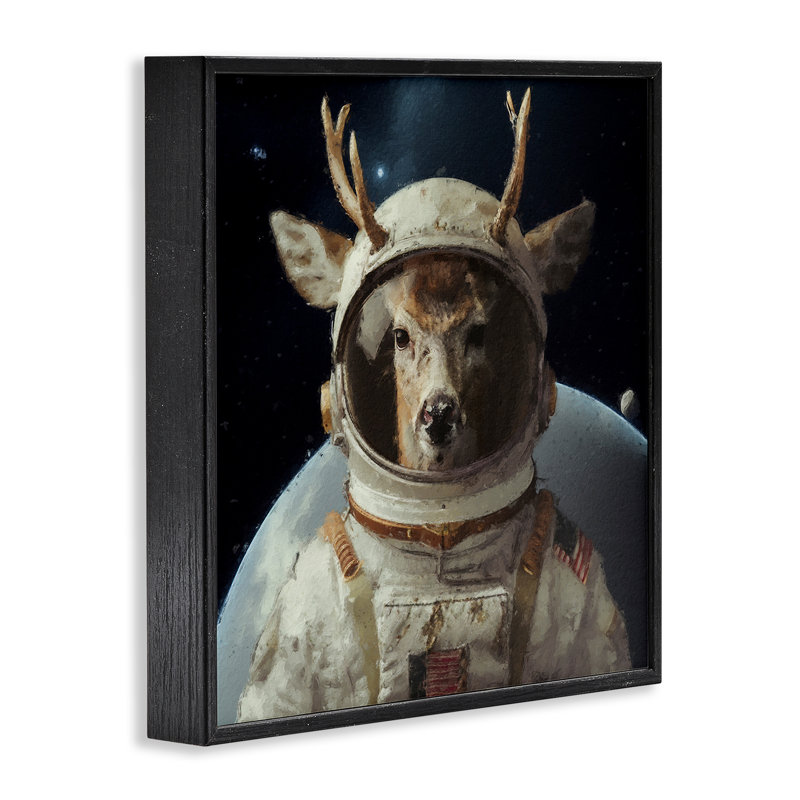 «Space Astronaut Deer», art de la giclée encadrée par Sean Parnell, H 12 po x l 12 po, Giclée encadrée noir minuit