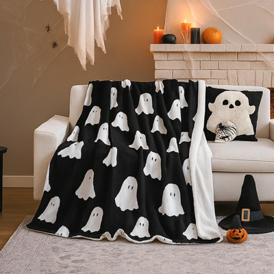 Jeté Smuffy d'Halloween, jeté en molleton blanc fantôme noir pour lit et canapé