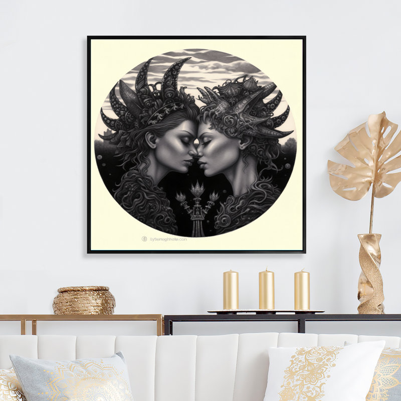 Reproduction sur toile d'un couple de femmes célébrant l'amour divin, H 36 po x l 36 po x P 1,5 po, Cadre flottant noir