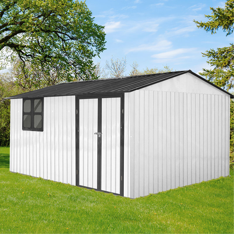12Ftx10ft Outdoor Metal Storage Shed, White + Black, Apex Roof, Integrated Vents, Hinged Door And Heavy - Duty Padlock, Easy Assembly Process Garden Roof Design, For Customization, Sun Complimentary
