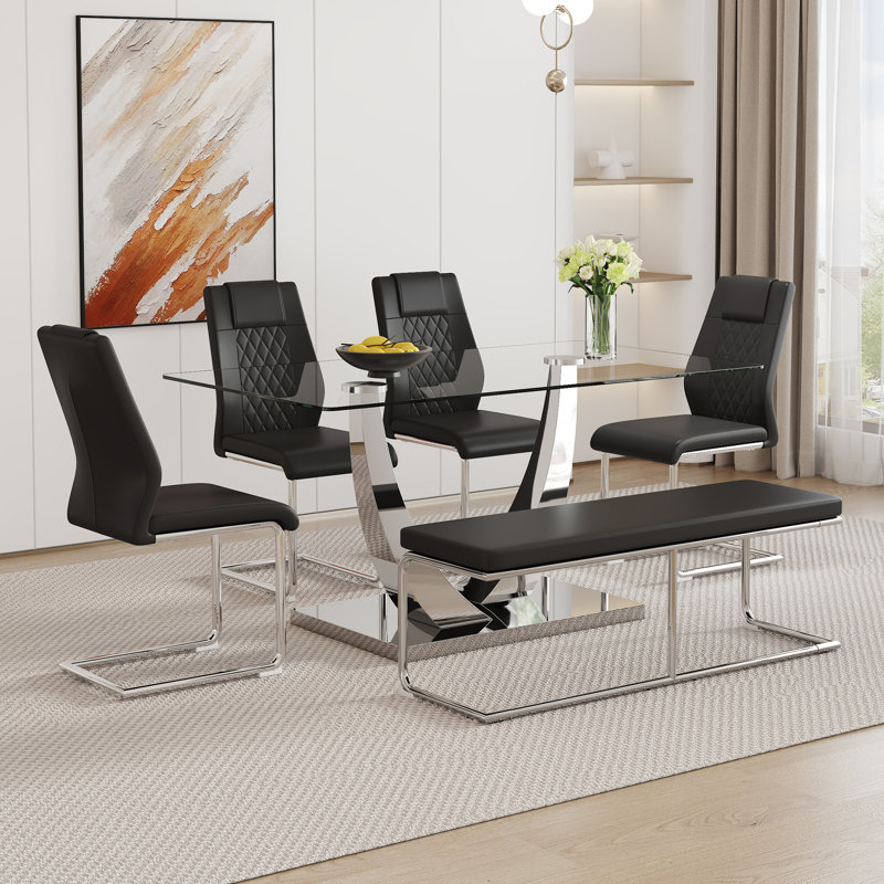 Ensemble de salle à manger moderne en verre trempé de luxe moderne avec 4 chaises et banc en polyuréthane noir