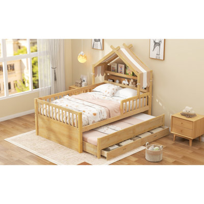 Lit simple avec couchette et tissu, naturel