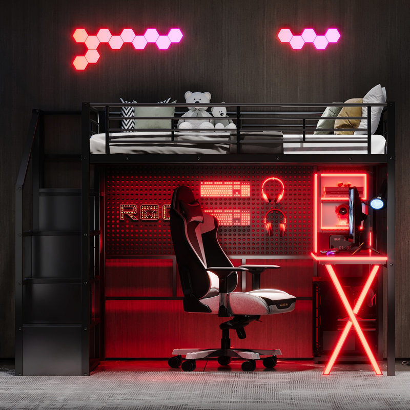 Lit mezzanine double en métal noir avec poste de jeu et de travail intégré, escalier de rangement pour garde-robe pour un divertissement confortable
