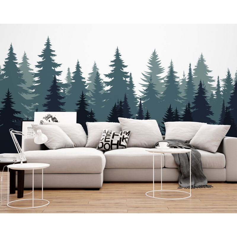 Décalcomanie murale forêt Evergreen - paysage de pin - bleu sarcelle et bleu marine Silhouette Art - Nature murale - décor bois moderne 676DLU