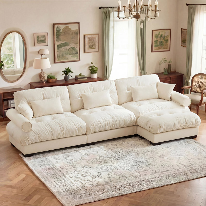 Canapé modulaire en velours de 130 po en L avec repose-pieds, Velours crème