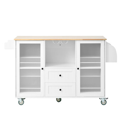 Mobile Kitchen Island Storage Trolley Cart on Wheels with Dropleaf Top, Towel/Spice Rack,2 Drawers, 2-Door Cabinet, White