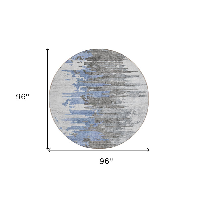 Tapis extérieur rond lavable abstrait 8 pi bleu gris et argent