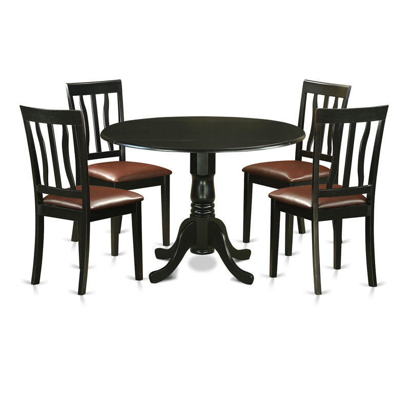 5 Piece Dining Table Set for 4 Includes a Round Kitchen Table with Dropleaf and 4 Faux Leather Dining Room Chairs, 42x42 Inch, Black