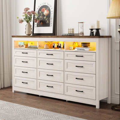 Karlea 63" Farmhouse 9 Drawer Dresser,Long Dresser TV Stand With LED Lights & Charging Station,Chest Of Drawers by Wrought Studio