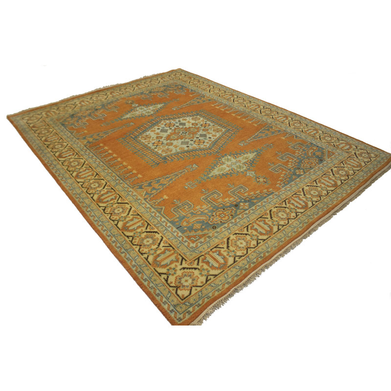 Tapis orange en laine noué à la main à motif géométrique