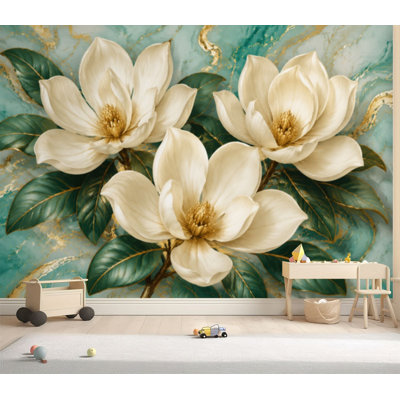 Papier peint adhésif peler et coller rétro marbré floral or vert blanc fleurs en métal Magnolia décorations autocollantes amovibles papier contact mural pour le salon Chambre H 69 po x l 96 po