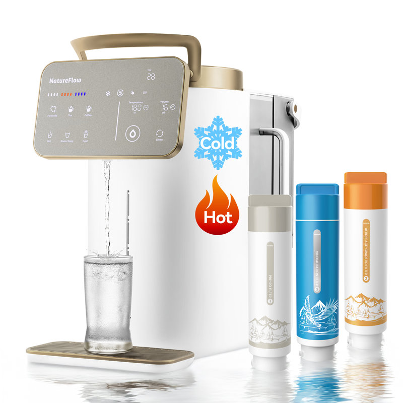 NatureFlow Y60 Cold & Hot Countertop Reverse Osmosis Water Mineralization System — featuring Natural Mineral Activation, 10-Stage RO Filtration with Ultra Dual UV, Alkaline Water Filtration, 4:1 Pure-to-Drain Ratio, and 11-Temperature RO System