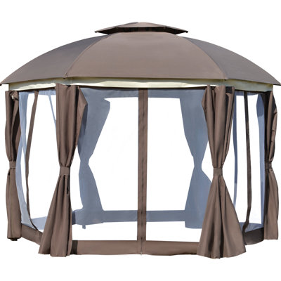 Pavillon de jardin brun 12 pi X - toit double, cadre solide. Idéal pour la piscine, le patio et le jardin. Filets de filet, rideaux d'intimité, fermeture à glissière idéale pour le jardin.