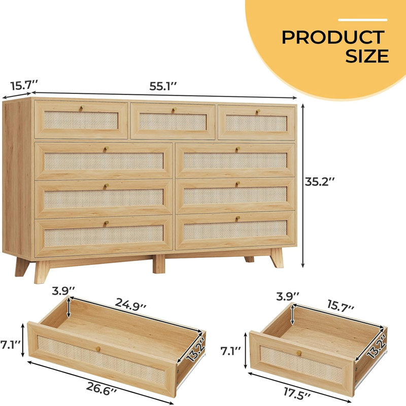 Commode 9 tiroirs Rattan , Naturel