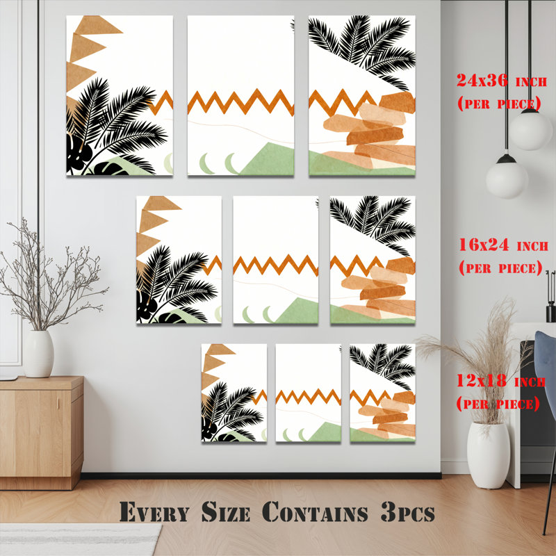 Feuilles de palmier tropicales et formes géométriques, art mural, reproduction abstraite moderne (ensemble de 3)
