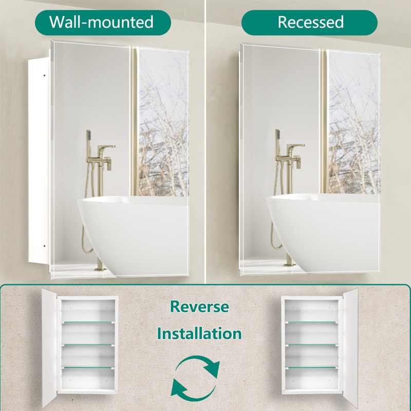 Medicine Cabinet With Beveled Mirror& Removable Shelves, Recess or Surface Mount,No Assembly, 76.2cm H x 40.6cm W x 11.5cm D
