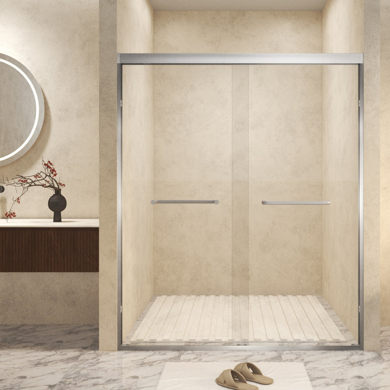 Tempered Glass With Explosion Proof Film, Aluminum Frame Double Sliding Shower Door, "1/4 (6 Mm), Stainless Steel Handle,Brushed Nickel