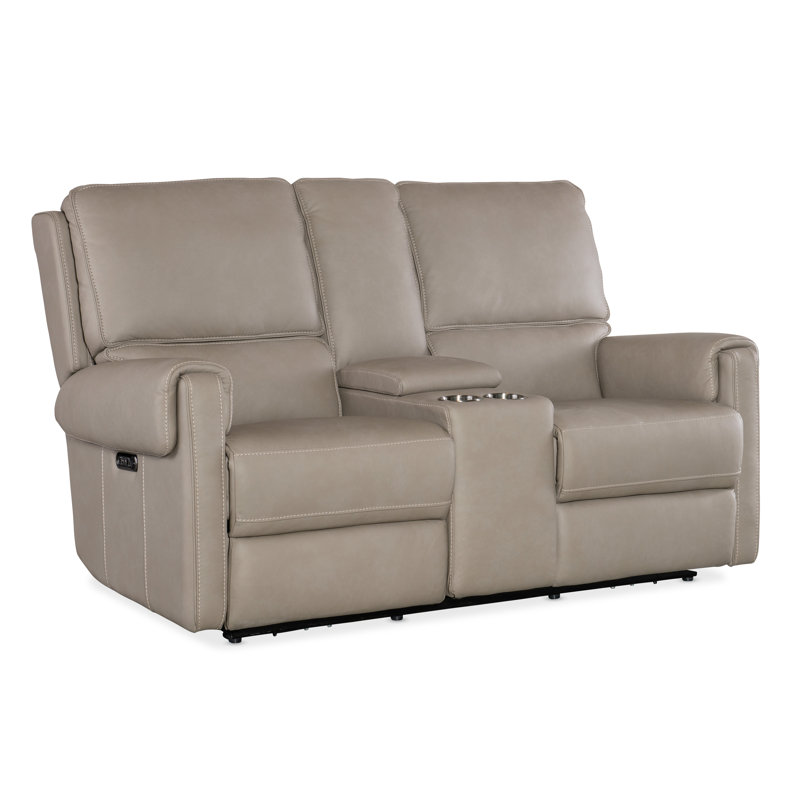 Somers Dark Taupe Leather Reclining Loveseat with Storage and Cup Holder