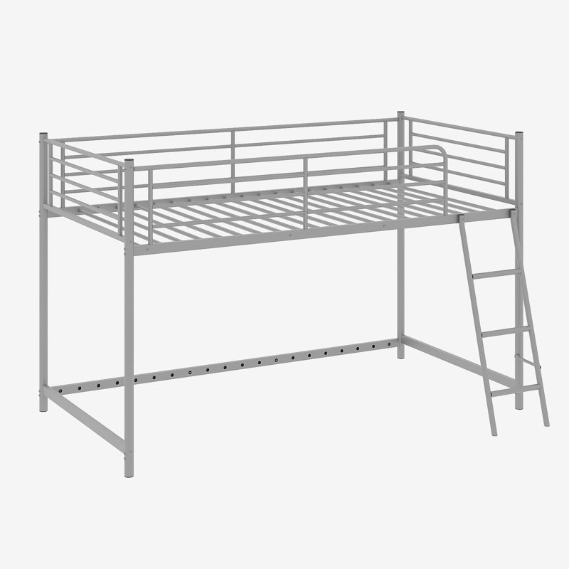 Junior Metal Twin Loft Bed With Guard Rails And Stairs, Gray