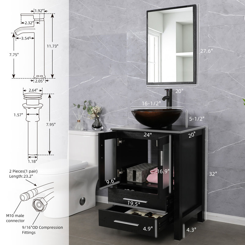  24" Single Bathroom Vanity Set with Manufactured Wood Top, Vessel Sink, Faucet, Drain, Black, Dark Espresso