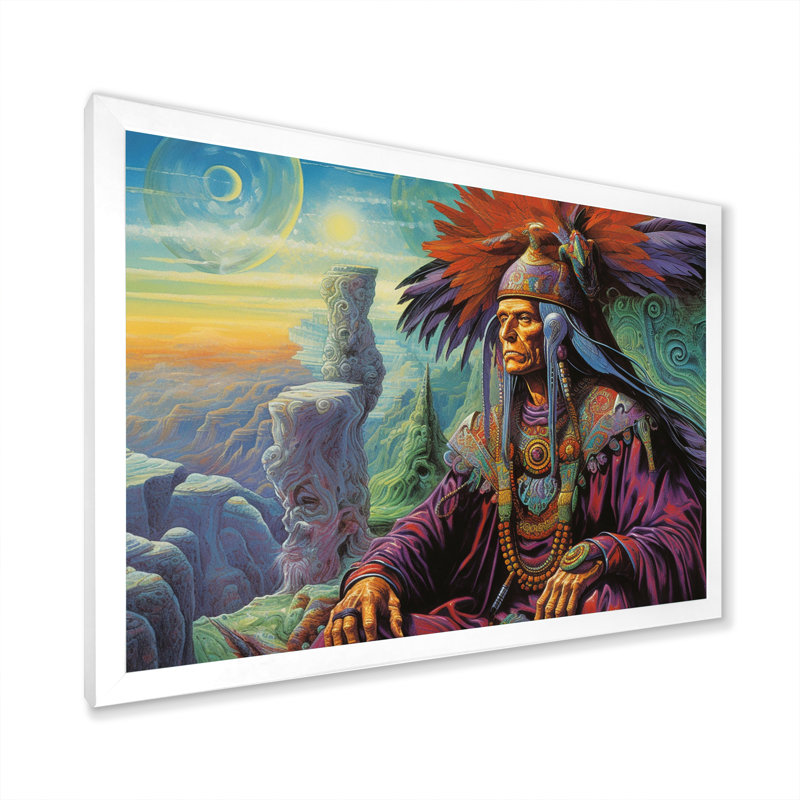 " Native Shaman Ancient Wisdom I ", White Single Picture Framed, 12" H x 20" W x 1" D